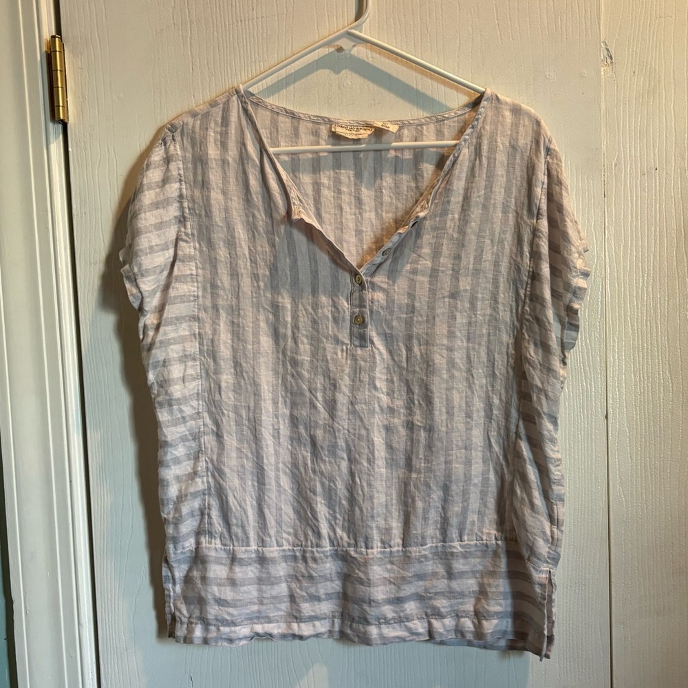 Christian Siriano 100% Linen Striped Popover Blouse Top